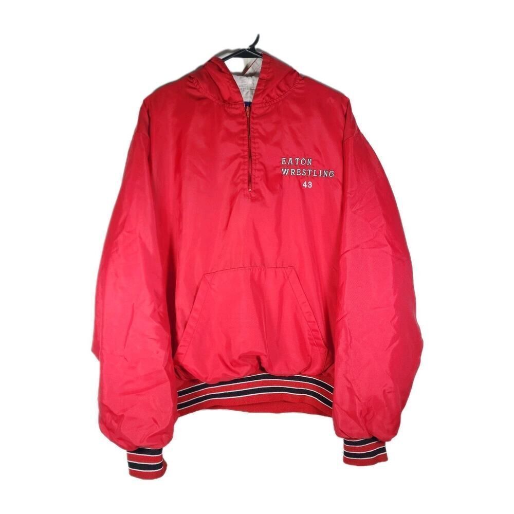 Holloway Men's VTG XL Red Eaton Wrestling 43 Hooded Windbreaker Pullover USA